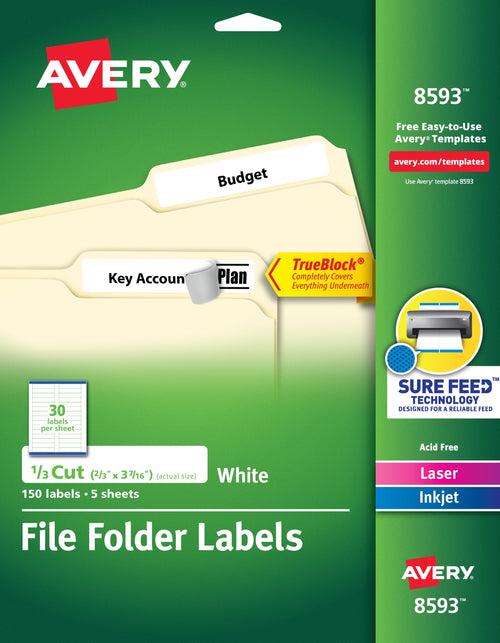 Avery File Folder Labels, 1/3-Cut, 2/3" x 3-7/16", White, 150-Pack