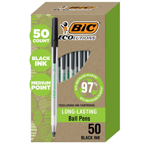 BIC Ecolutions Round Stic Ball Point Pen, Black, 1.0mm Medium Point, 50 Pack