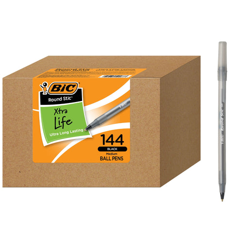 BIC Round Stic Xtra Life Ballpoint Pen, Medium Point, 1.0 mm, Black Ink, 144 Count