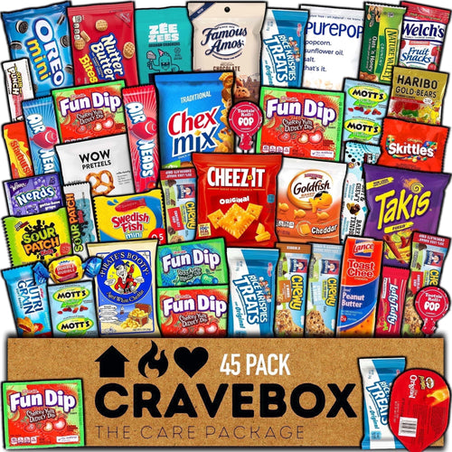 CRAVEBOX Snacks Box Variety Pack Care Package (45 Count) Graduation Treats Gift Basket Adults Kids Grandkids Guys Girls Women Men Boyfriend Birthday Cookies Chips College Student Office School