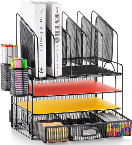 Marbrasse Mesh Desk Organizer with Drawer, 4-Tier File Holder