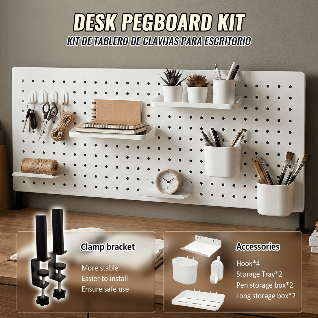 SEKAM Desk Pegboard Organizer Kit, 31.5", Clamp-On No-Drill Panel with Hooks, Shelves & Cups, White