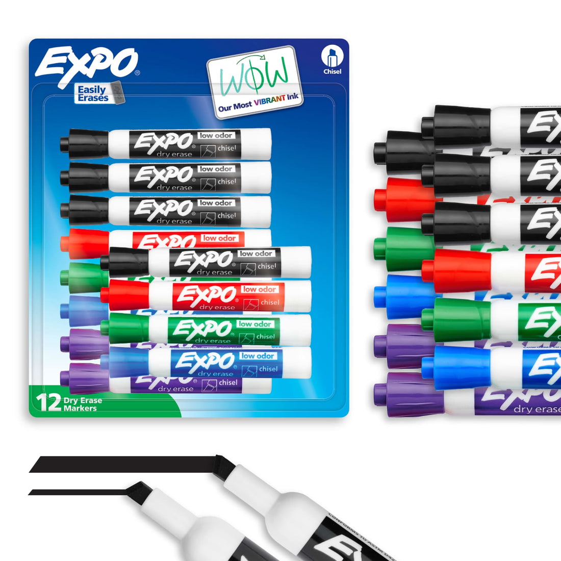 EXPO Low-Odor Dry Erase Markers, Chisel Tip, 12 Count