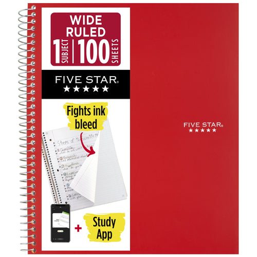 Five Star 1-Subject Wide Ruled Notebook Plus Study App, 8 x 10.5 in, Fire Red, 100 Sheets