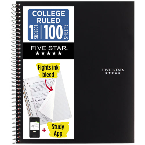 Five Star 1-Subject College Ruled Notebook Plus Study App, 8.5 x 11 in, Black, 100 Sheets