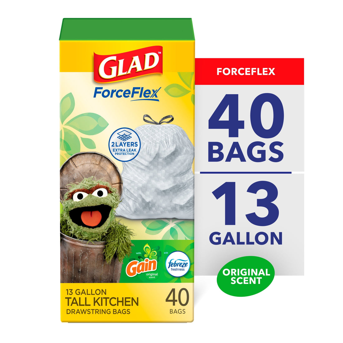 Glad ForceFlex Tall Kitchen Drawstring Trash Bags, 13 Gallon, 40-Count