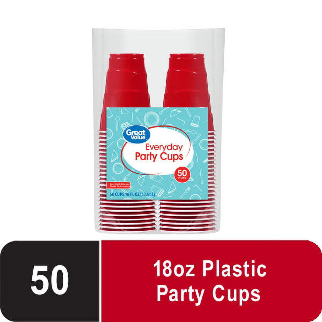 Great Value Red Disposable Plastic Party Cups, 18 oz, 50 Count