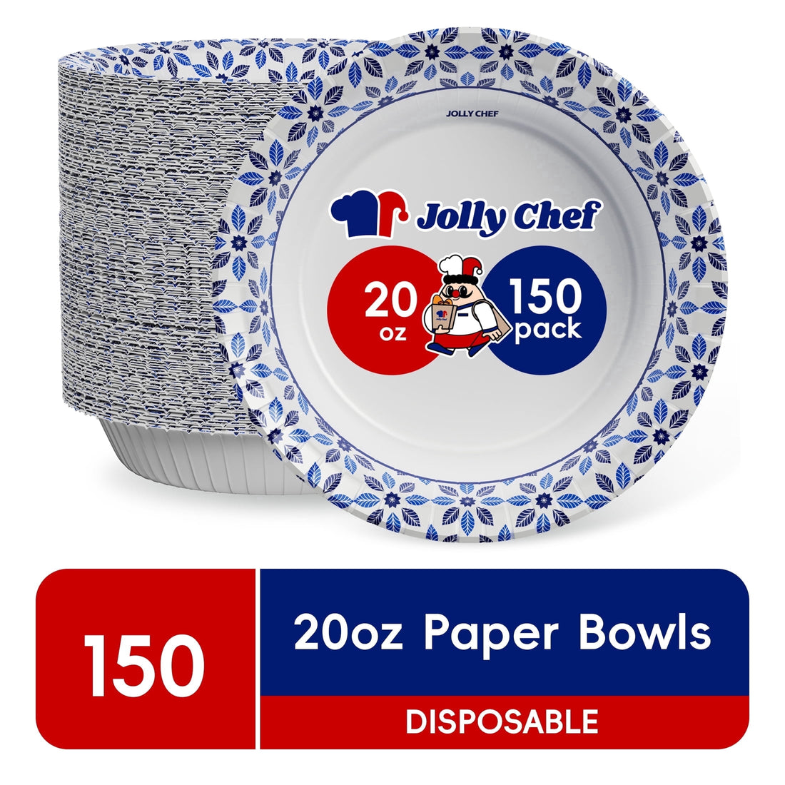 JOLLY CHEF Disposable Paper Bowls, Strong, Soak-Proof, Microwave Safe, 20 oz, Patterned, 150 Count