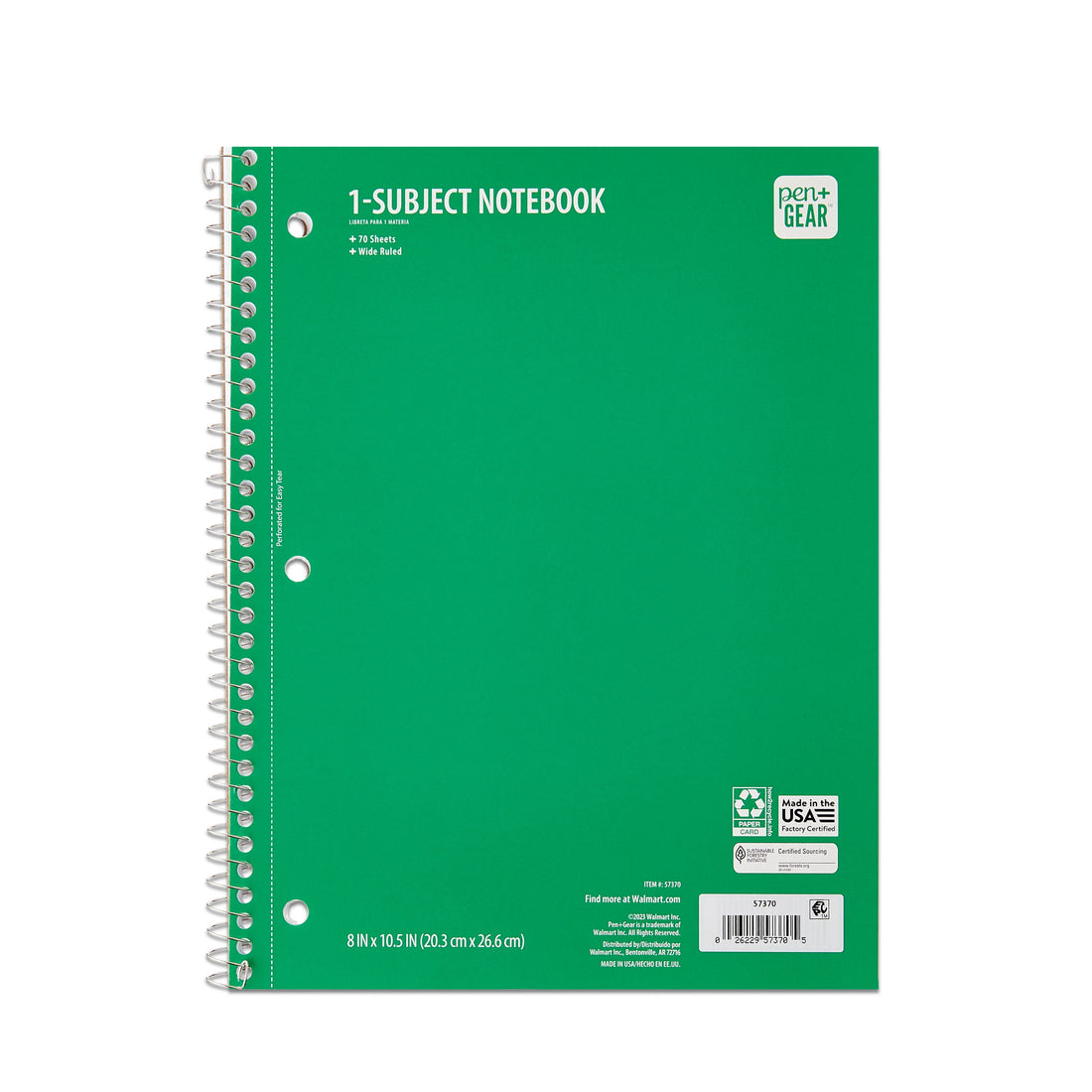 Pen+Gear Wide Ruled 1-Subject Notebook, Green, 10.5 x 8 in, 70 Pages