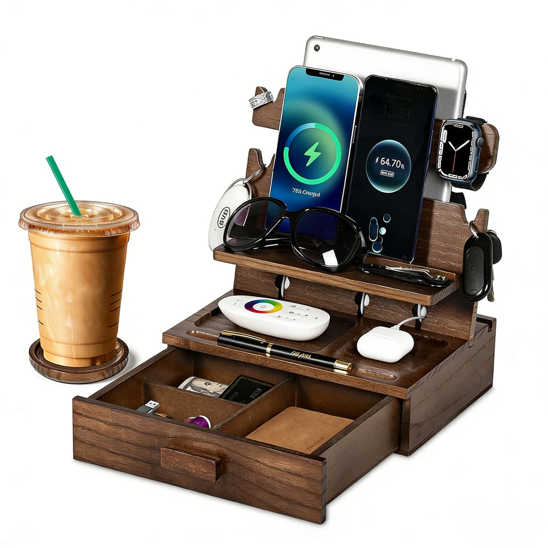 Petyoung Wood Phone Docking Station for up to 3 Phones, Nightstand Organizer with Drawer & Coaster