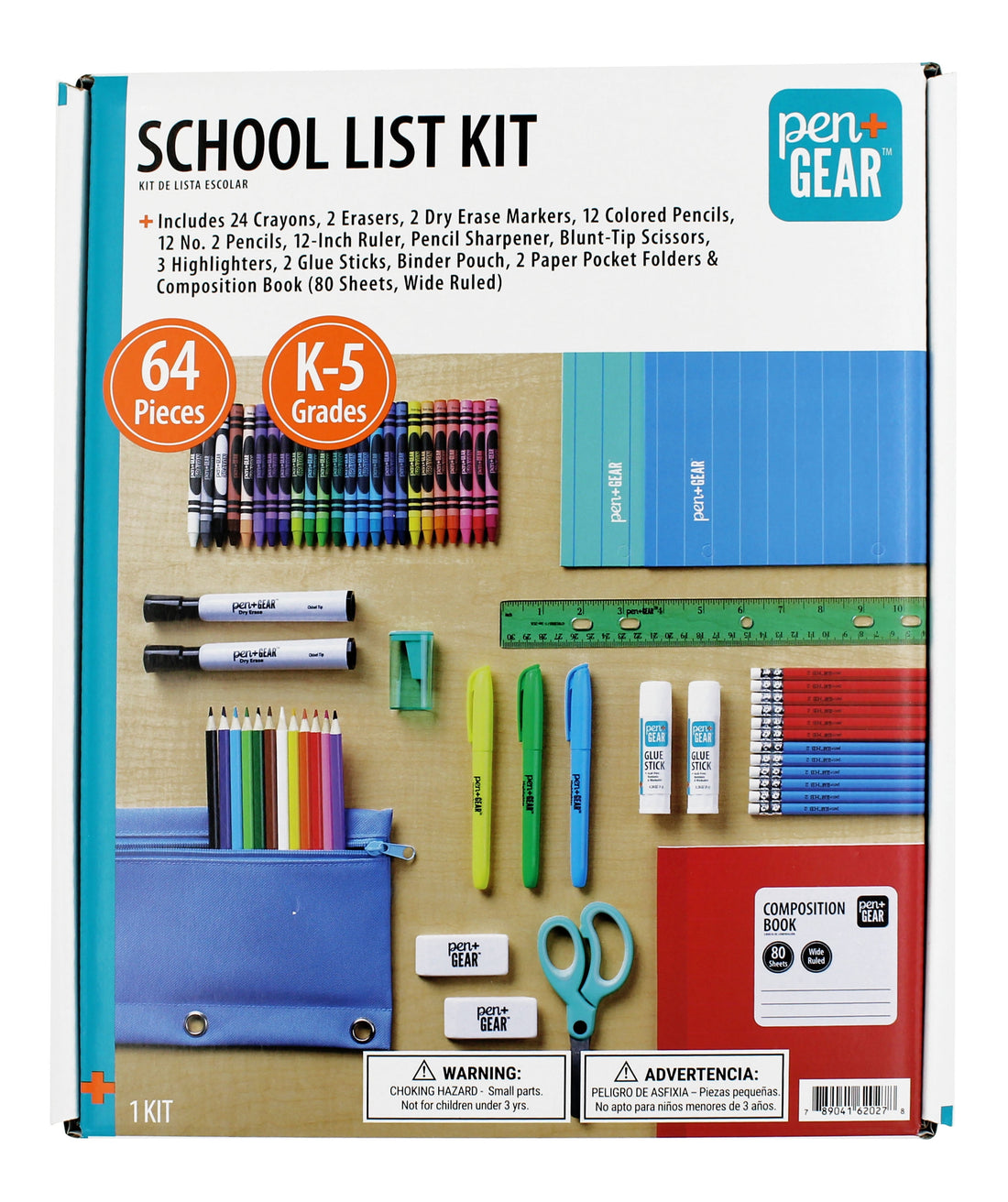 Pen+Gear School Supply Kit, 64 Pieces, Grades K-5