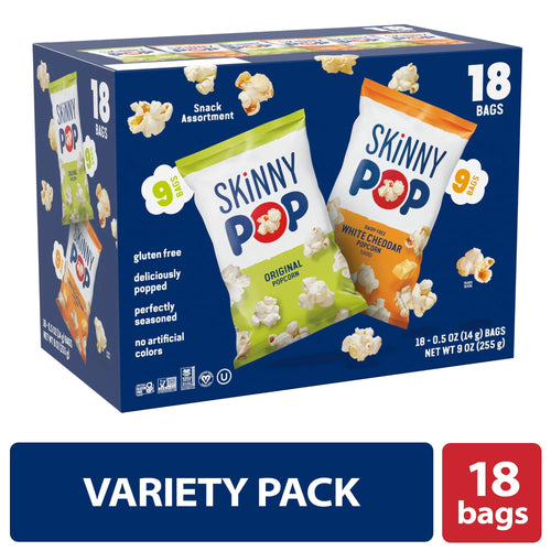 SkinnyPop Gluten-Free Original and Dairy-Free White Cheddar Popcorn Individual Snack Variety Pack, 0.5 oz Bag, 18 Count