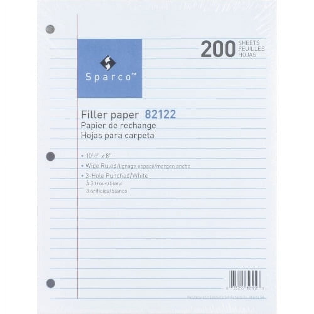 Sparco Standard White 3-Hole Filler Paper, Wide Ruled, 8 x 10.5 in, 200 Sheets