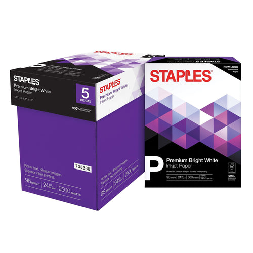 Staples Premium Multipurpose Paper, 8.5" x 11", 24 lb, 98 Bright, White, 5-Ream Carton (2,500 Sheets)