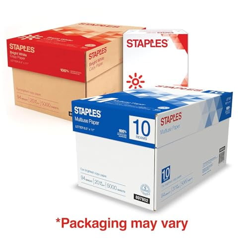 Staples Select Copy Paper, 8.5" x 11", 20 lb, 94 Bright, White, 10-Ream Case (5,000 Sheets)