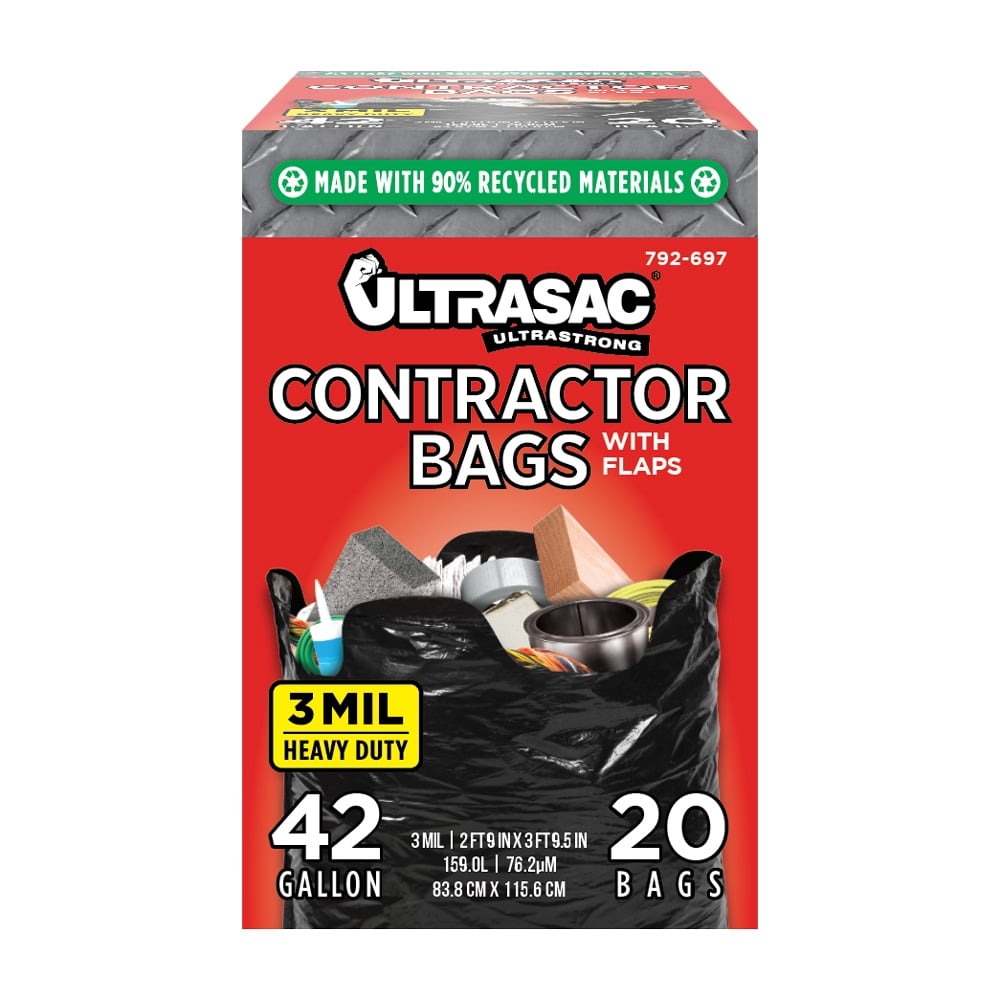 Ultrasac - Heavy Duty Extra Thick Contractor Bags, 42 Gallon, 32 x 44, 3 Mil, Black, 20 Count