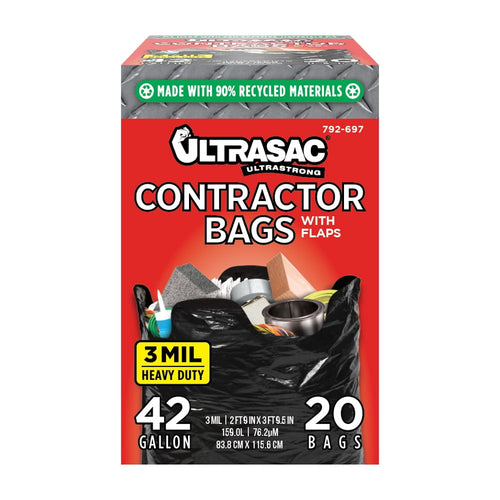 Ultrasac - Heavy Duty Extra Thick Contractor Bags, 42 Gallon, 32 x 44, 3 Mil, Black, 20 Count