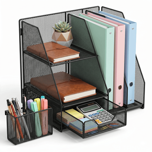 WEEUSE Mesh Desk Organizer with Drawer & 2 Pen Holders, Black