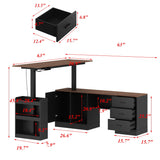 KULAGAGA Electric Standing Desk with Drawers and Shelves, Executive Adjustable Height Desk, L-Shaped Design, 63 inch Tabletop, for Office Deep Brown & Black