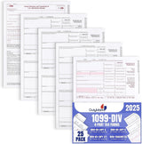 1099 DIV Tax Forms 4 Part 2025 - Kit for 25 Vendors 4-Part, Complete Laser DIV Dividends and Distribution Forms Value Pack, Compatible with QB and Acc