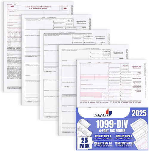 1099 DIV Tax Forms 4 Part 2025 - Kit for 25 Vendors 4-Part, Complete Laser DIV Dividends and Distribution Forms Value Pack, Compatible with QB and Acc