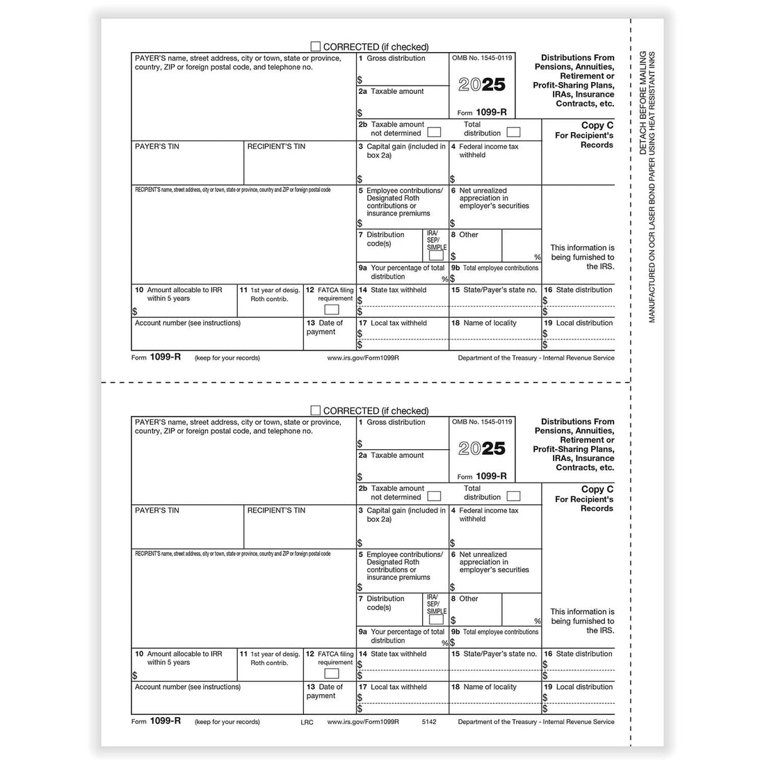 1099-R Recipient Copy C 2-Up. Pack of 50 Sheets, 100 Forms