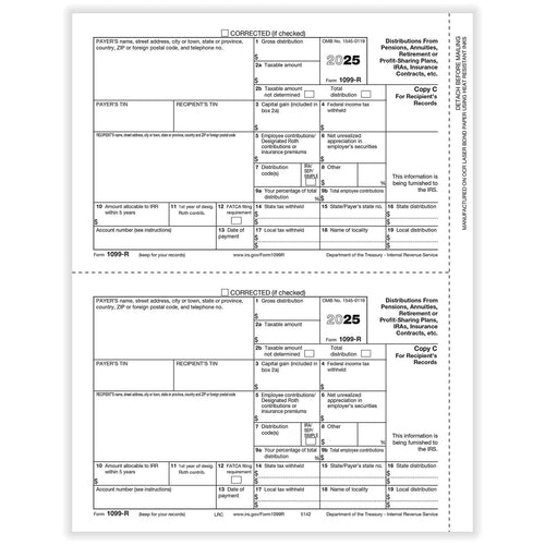 1099-R Recipient Copy C 2-Up. Pack of 50 Sheets, 100 Forms