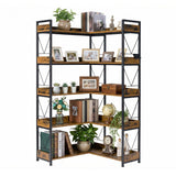 EDX 5-Tier Corner Shelf,  65'' L-Shaped Display Bookshelf , Industrial Wooden Bookcase with Metal Frame for Home , Office, Rustic Brown