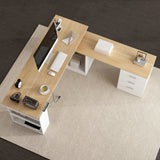 KULAGAGA Electric Standing Desk with Drawers and Shelves, Executive Adjustable Height Desk, L-Shaped Design, 63 inch Tabletop, for Office Deep Oak & White
