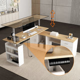 KULAGAGA Electric Standing Desk with Drawers and Shelves, Executive Adjustable Height Desk, L-Shaped Design, 63 inch Tabletop, for Office Deep Oak & White