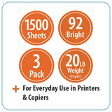 Pen+Gear Copy Paper, 8.5" x 11", 92 Bright, White, 20 lb., 3 Ream Case (1,500 Sheets)