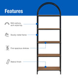 Mainstays 5-Shelf Metal and Wood Arch Open Bookcase, Warm Walnut