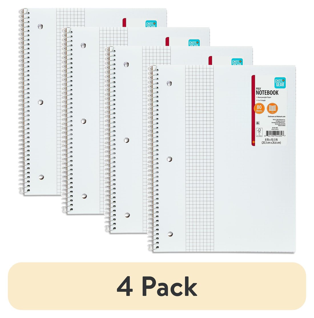 Pen+Gear 1-Subject Grid Ruled Notebook, Poly Cover, 80 Sheets, 8.5 x 10.5 in, 4-Pack