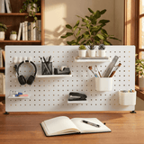 SEKAM Desk Pegboard Organizer Kit, 31.5", Clamp-On No-Drill Panel with Hooks, Shelves & Cups, White