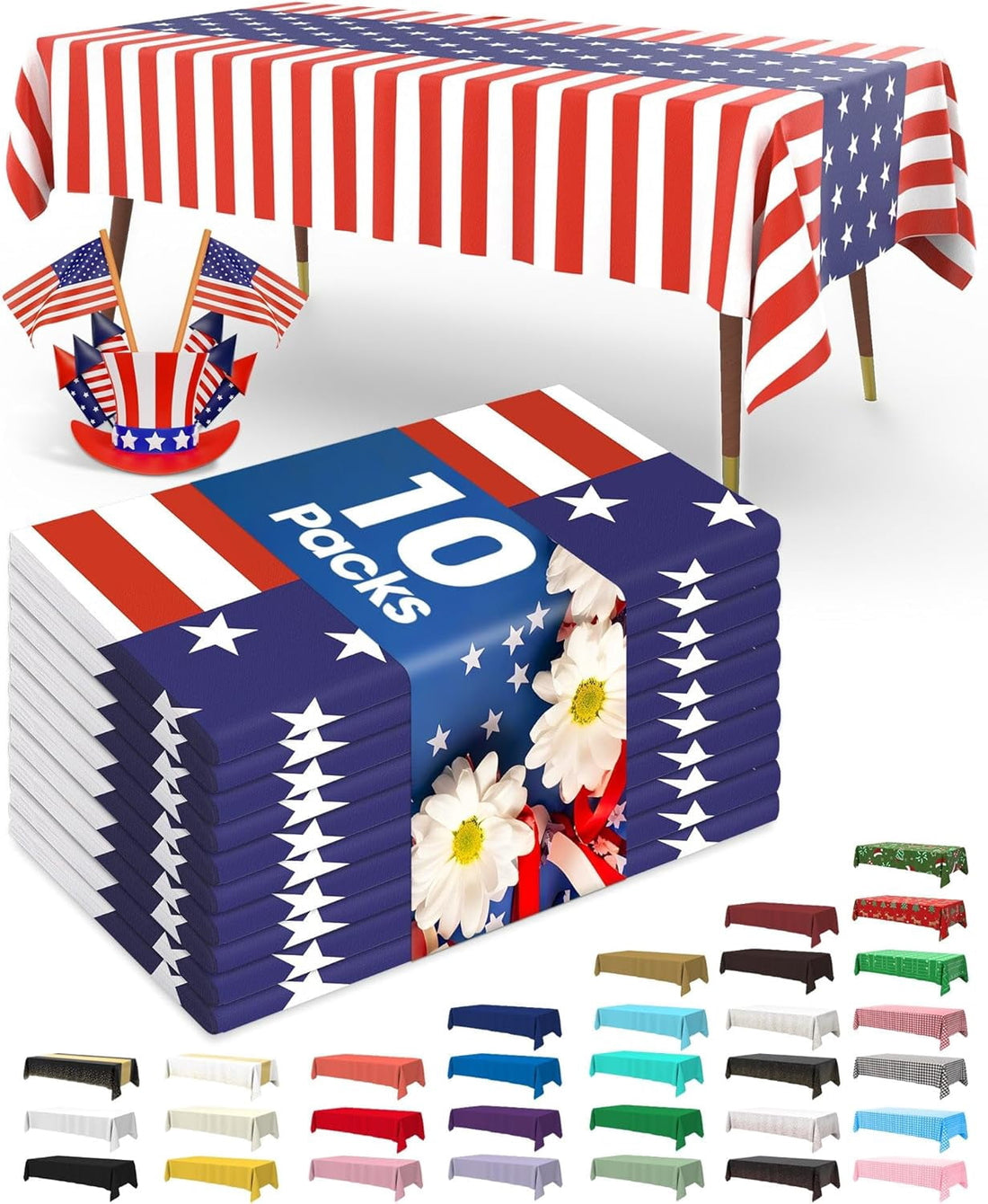 4th of July USA 250th Anniversary Plastic Tablecloth Disposable 10 Pack, Patriotic American Flag Rectangle Table Cover 54 x 108 Inch, Table Cloth for Independence Day BBQ Picnic Party
