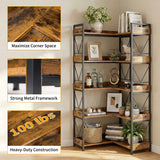 EDX 5-Tier Corner Shelf,  65'' L-Shaped Display Bookshelf , Industrial Wooden Bookcase with Metal Frame for Home , Office, Rustic Brown