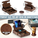 Petyoung Wood Phone Docking Station for up to 3 Phones, Nightstand Organizer with Drawer & Coaster
