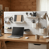 SEKAM Desk Pegboard Organizer Kit, 31.5", Clamp-On No-Drill Panel with Hooks, Shelves & Cups, White