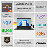 ASUS Vivobook Go 15 15.6” FHD Laptop with AMD Ryzen 5 40, AMD Radeon Graphics, 8GB RAM, 512GB SSD, Mixed Black