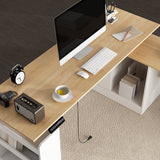 KULAGAGA Electric Standing Desk with Drawers and Shelves, Executive Adjustable Height Desk, L-Shaped Design, 63 inch Tabletop, for Office Deep Oak & White