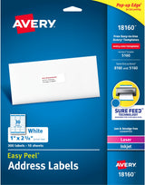 Avery Address Labels 5160, 1" x 2-5/8", Laser/Inkjet, White, 300-Pack