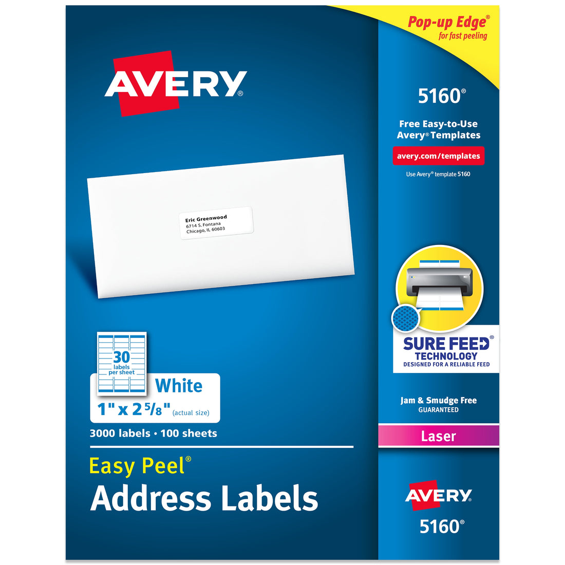 Avery Address Labels 5160, 1" x 2-5/8", Laser/Inkjet, White, 300-Pack