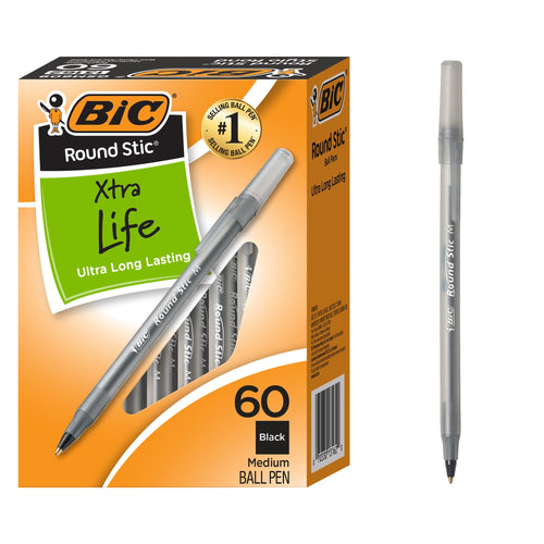BIC Round Stic Xtra Life Ballpoint Pens, Medium, Black, 60-Count