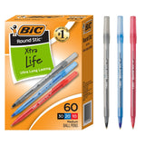 BIC Round Stic Xtra Life Ballpoint Pens, Medium, Black, 60-Count