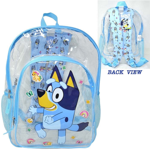 Bluey 16" Clear Backpack for Kids, Transparent Bag with Side Mesh Pockets