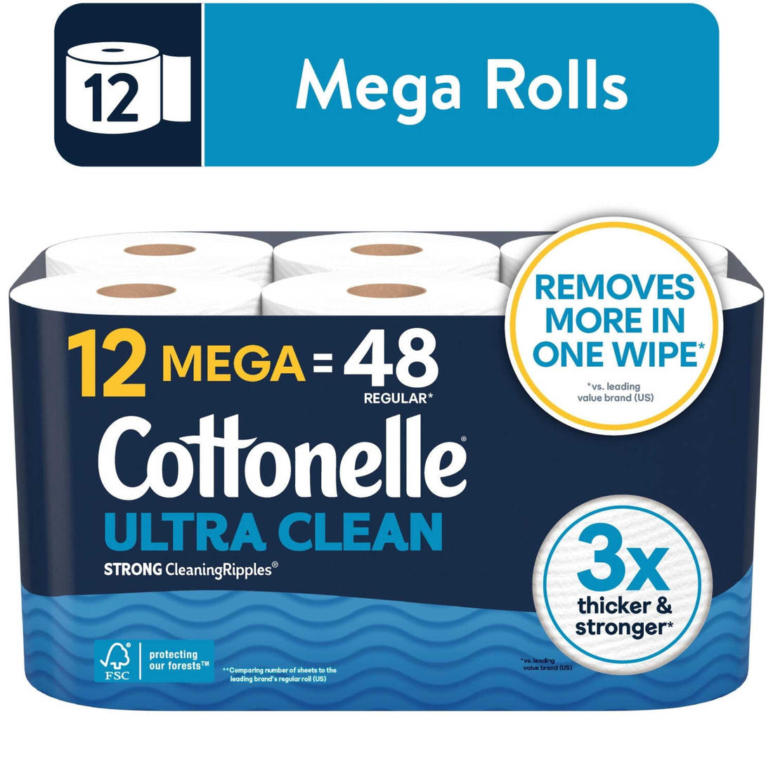 Cottonelle Ultra Clean Toilet Paper, Strong Tissue, 12 Mega Rolls