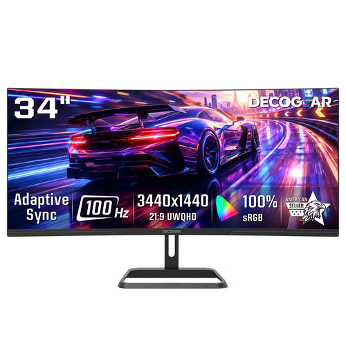 Deco Gear 34" Curved Monitor, UltraWide WQHD 3440x1440, 100Hz, 1ms, 99% sRGB, HDR, Low Blue Light, PIP/PBP, 2x HDMI, 2x DisplayPort - Business Product