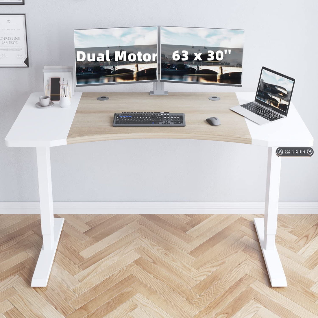 Dual Motor Height Adjustable Standing Desk 63 x 30''  Height Adjustable Computer Desk Sit Stand Desk Home Office Desks with Splice Board White Frame +