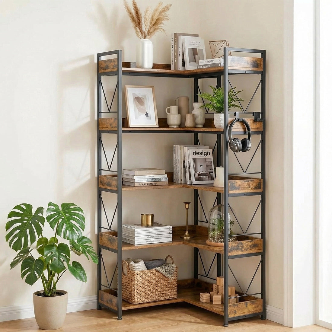EDX 5-Tier Corner Shelf,  65'' L-Shaped Display Bookshelf , Industrial Wooden Bookcase with Metal Frame for Home , Office, Rustic Brown