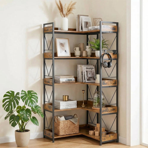 EDX 5-Tier Corner Shelf,  65'' L-Shaped Display Bookshelf , Industrial Wooden Bookcase with Metal Frame for Home , Office, Rustic Brown